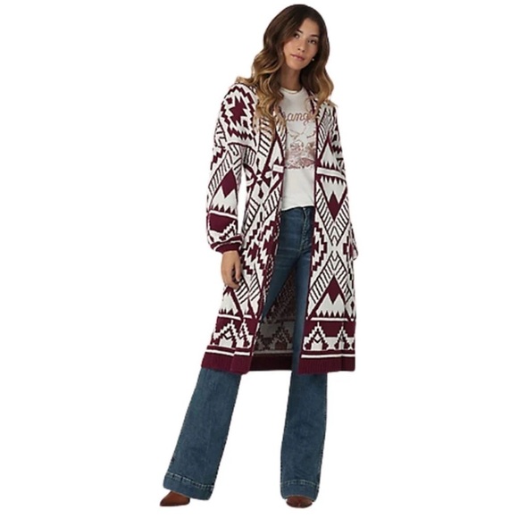 Wrangler Sweaters - Wrangler Burgundy and White Patterned Cardigan Duster NWT!